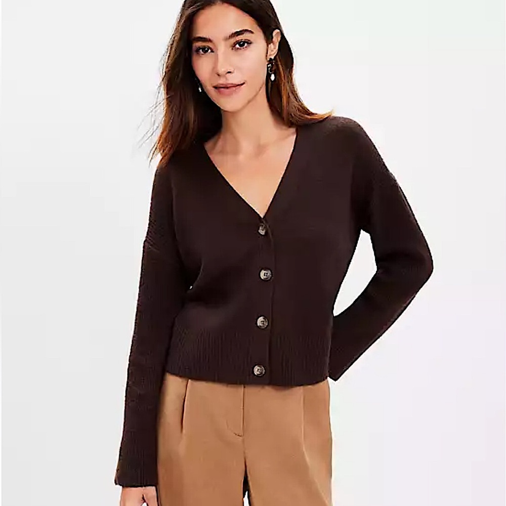 LOFT Petite Open Front Button Up Cardigan Sweater in Chocolate Brown